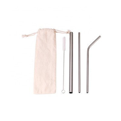 Free laser logo metal drinking straw stainless steel straw set with brush pouch packing