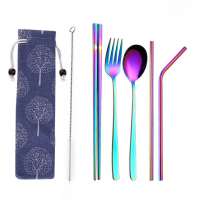 304 Stainless Steel Straw Chopsticks Fork Spoon Straw Brush Cutlery 6pcs Set with Bag