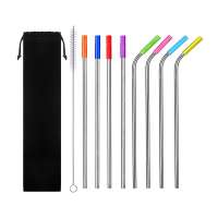 Reusable stainless steel straws with colorful silicone tips cleaning brushes and customized pouch