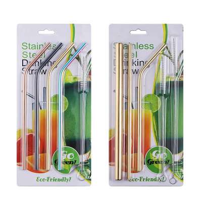 Eco-friendly reusable metal drinking straw stainless steel straw set with brush in blister card packing